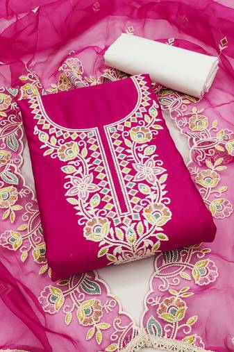 Manvaa women's pink unstitched heavy thread embroidery p c cotton dress material 