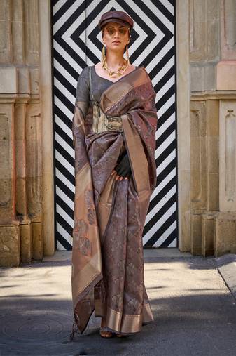 Chocolate Two Tone Organza Handloom Jacquard Woven Saree With Blouse