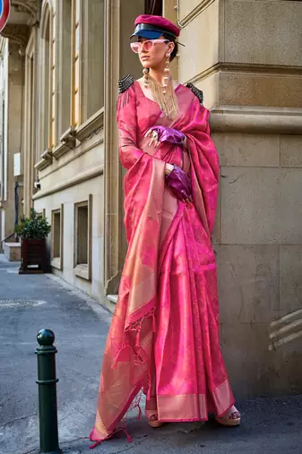 Ranipink Two Tone Organza Handloom Jacquard Woven Saree With Blouse