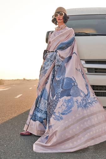 Flamingo Tussar Silk Zari Woven With Digital Print Saree With Blouse