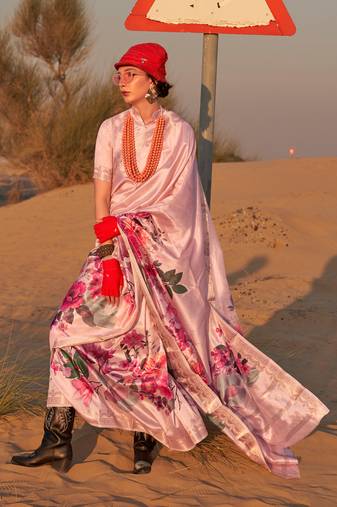 Lightpink Tussar Silk Zari Woven With Digital Print Saree With Blouse