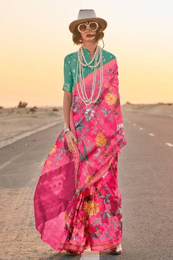 Ranipink Tussar Silk Zari Woven With Digital Print Saree With Blouse