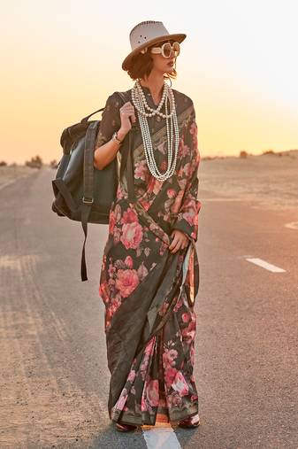 Mehendi Tussar Silk Zari Woven With Digital Print Saree With Blouse