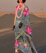 Grey Tussar Silk Zari Woven With Digital Print Saree With Blouse