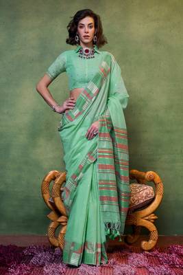 Mintgreen Spun Cotton Jacquard Woven Saree With Blouse 1