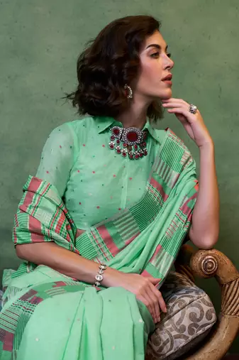 Mintgreen Spun Cotton Jacquard Woven Saree With Blouse