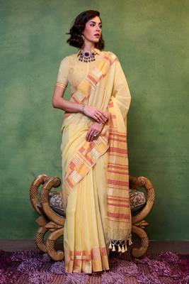 Yellow Spun Cotton Jacquard Woven Saree With Blouse 1