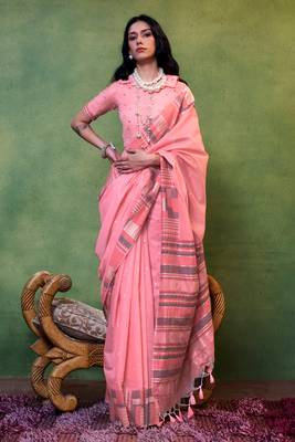 Pink Spun Cotton Jacquard Woven Saree With Blouse 1