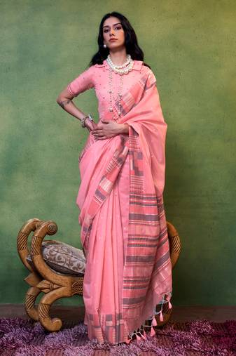 Pink Spun Cotton Jacquard Woven Saree With Blouse