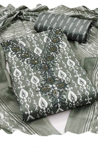 Manvaa women's dark grey unstitched designer printed work printed dupatta and bottom cotton dress material 