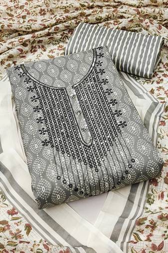 Manvaa women's grey unstitched designer printed work cotton dress material 