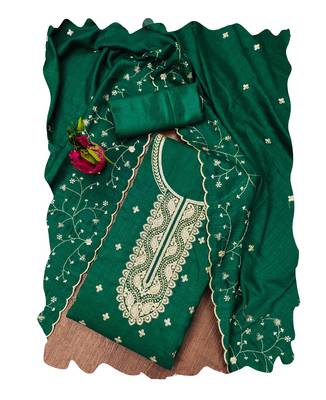 Manvaa women's green heavy sequence embrodiery dupatta work vichitra cotton dress material 5