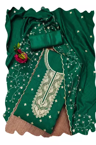 Manvaa women's green heavy sequence embrodiery dupatta work vichitra cotton dress material