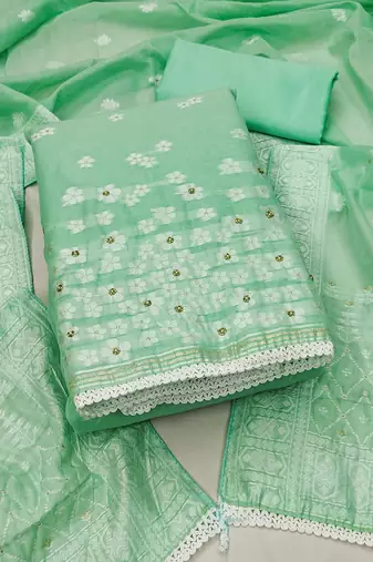 Manvaa women's green designer weaving, handwork and banarasi cotton dress material