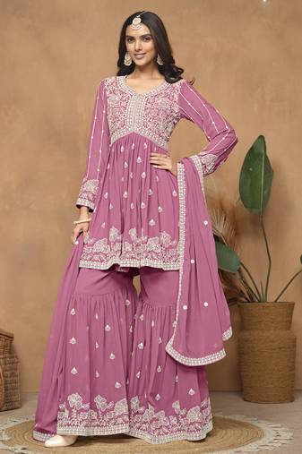 Pink georgette embroidered sharara suit