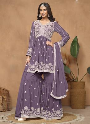Purple georgette embroidered sharara suit 1