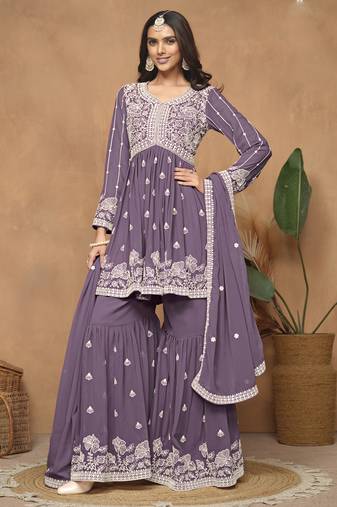 Purple georgette embroidered sharara suit