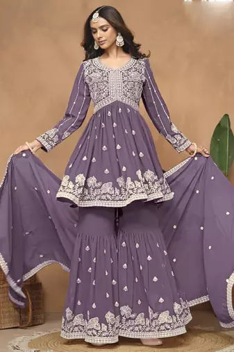 Purple georgette embroidered sharara suit
