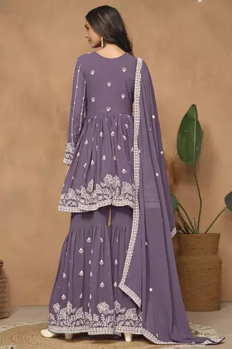 Purple georgette embroidered sharara suit