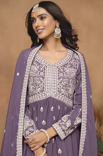 Purple georgette embroidered sharara suit