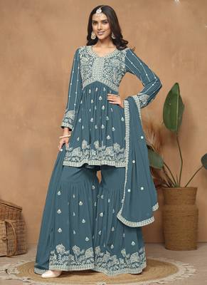 Grey georgette embroidered sharara suit 1
