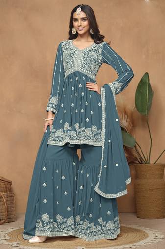 Grey georgette embroidered sharara suit