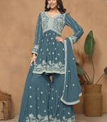 Grey georgette embroidered sharara suit