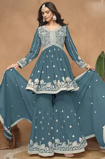 Grey georgette embroidered sharara suit