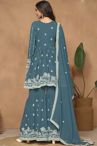 Grey georgette embroidered sharara suit