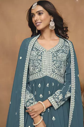 Grey georgette embroidered sharara suit