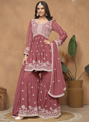 Dark peach georgette embroidered sharara suit 1