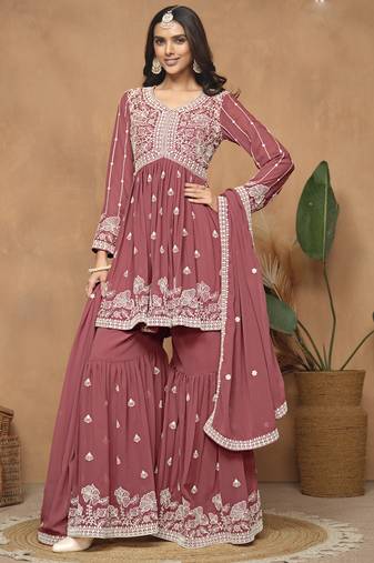 Dark peach  georgette embroidered sharara suit