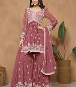 Dark peach  georgette embroidered sharara suit