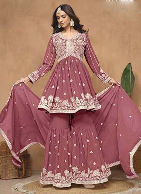 Dark peach georgette embroidered sharara suit 2