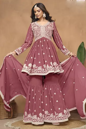 Dark peach georgette embroidered sharara suit