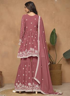 Dark peach georgette embroidered sharara suit 3
