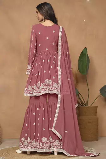 Dark peach georgette embroidered sharara suit