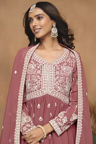 Dark peach georgette embroidered sharara suit
