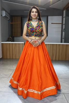 Riya Sadi Orange Coloured Rayon Cotton Gamthi work and Mirror Work Lehenga Choli With Gota Patti 1