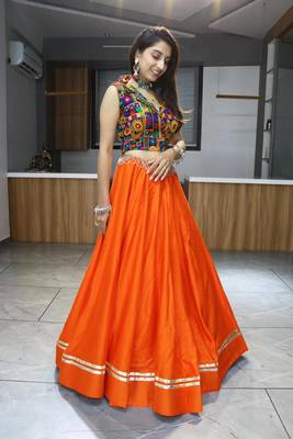 Riya Sadi Orange Coloured Rayon Cotton Gamthi work and Mirror Work Lehenga Choli With Gota Patti 2