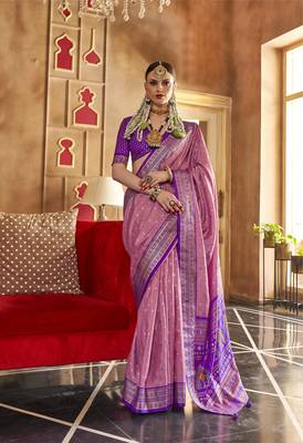 Baby Pink silk blend Blend Patola Saree With Unstitched Blouse Piece 1