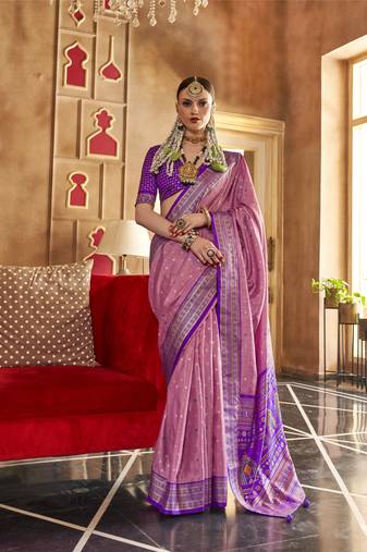 Baby Pink silk blend Blend Patola Saree With Unstitched Blouse Piece
