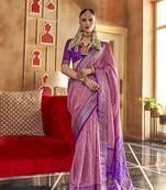 Baby Pink silk blend Blend Patola Saree With Unstitched Blouse Piece