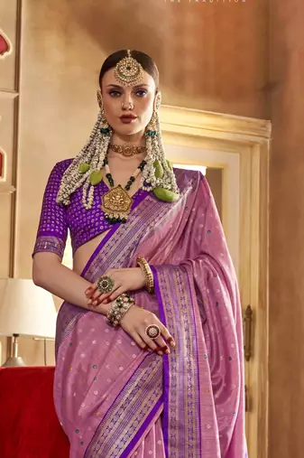 Baby Pink silk blend Blend Patola Saree With Unstitched Blouse Piece