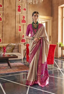Beige silk blend Blend Patola Saree With Unstitched Blouse Piece 1