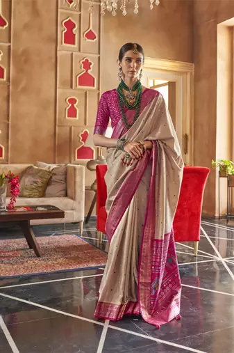 Beige silk blend Blend Patola Saree With Unstitched Blouse Piece