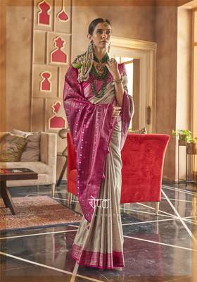 Beige silk blend Blend Patola Saree With Unstitched Blouse Piece 2