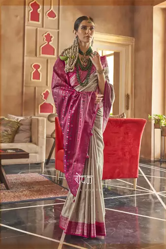 Beige silk blend Blend Patola Saree With Unstitched Blouse Piece