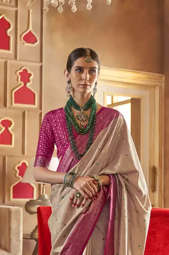 Beige silk blend Blend Patola Saree With Unstitched Blouse Piece