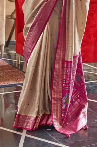 Beige silk blend Blend Patola Saree With Unstitched Blouse Piece